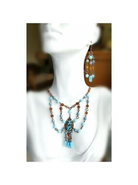 Vintage Czech handmade beaded  turquoise amber necklace earring set